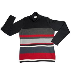 Sag Harbor Women’s Turtleneck Sweater. Red, black and gray striped. Size large.